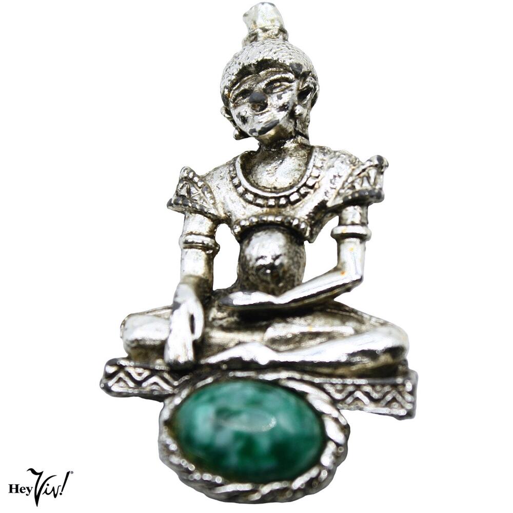 Vintage Asian Thai Dancer Figural Brooch Pin Silver Tone Green Accent - Hey Viv